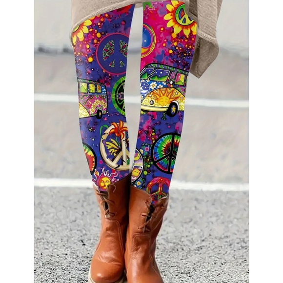 Women's Leggings, Size Large Purple and Red Peace - Picture 1 of 3